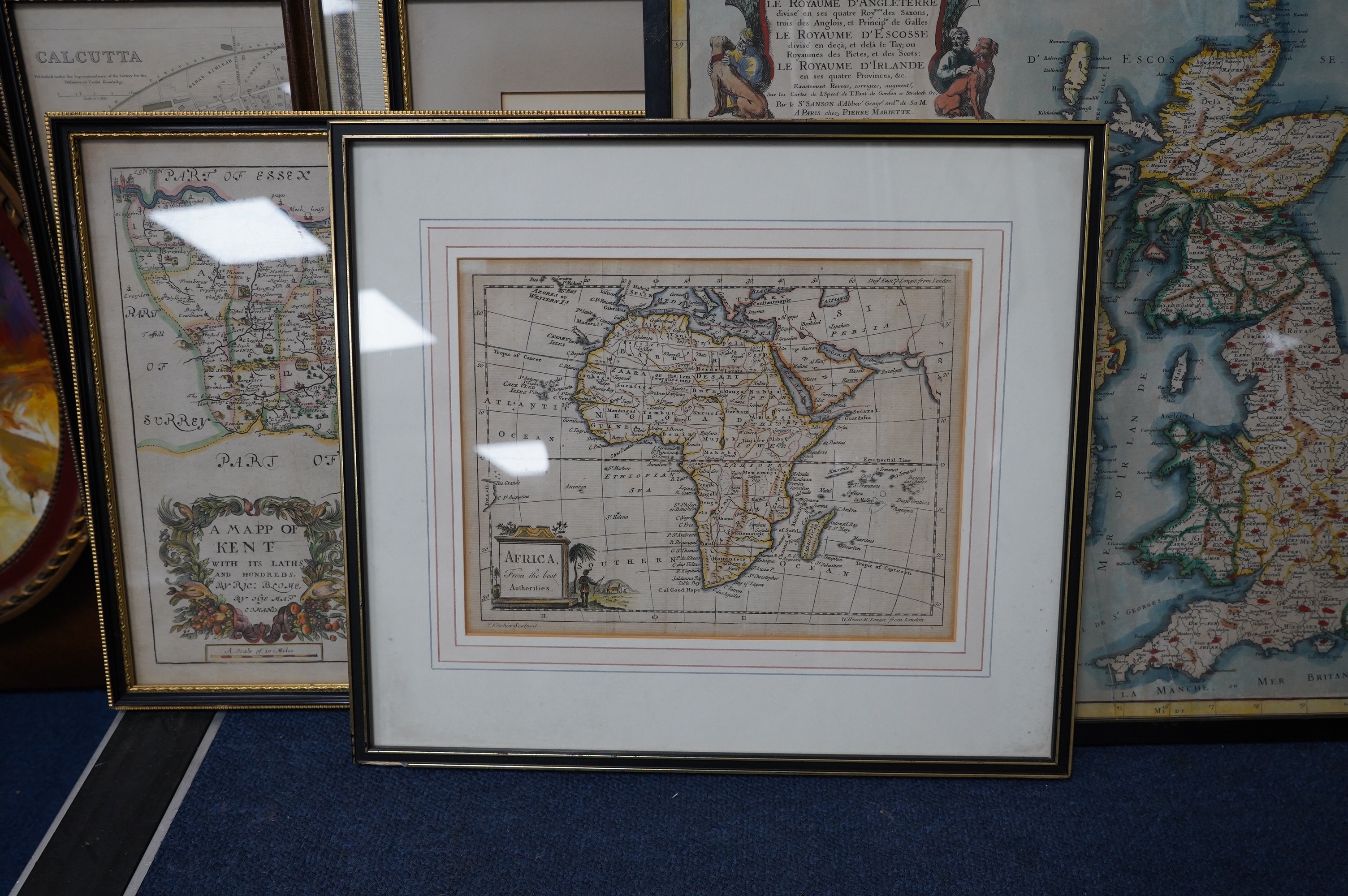 A collection of nine antique and later maps including The Bishoprick and Citie of Durham, after Pierre Marionette, The British Isles and after Tom Kitchin, Africa from the best authorities and after Richard Blome, map of